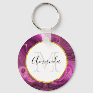Monogram Paarse Amethyst en Goud Agate Sleutelhanger
