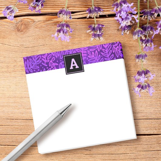 Monogram paarse bladpatroon gebladerte eenvoudig m post-it® notes