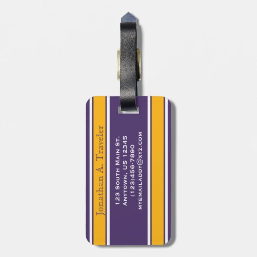 Monogram Paarse en gouden sportstapes Bagagelabel (Achterkant verticaal)