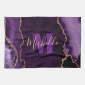 Monogram Paarse en goudkleurige gaffelkaart Theedoek (Horizontaal)