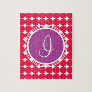 Monogram Paarse en Rode Polka Dot Legpuzzel