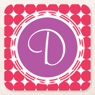 Monogram Paarse en Rode Polka Dot Vierkante Kartonnen Onderzetter