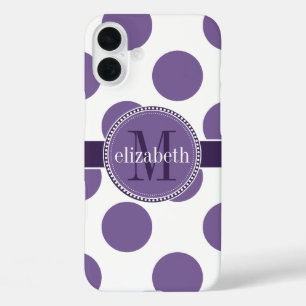 Monogram Paarse en witte Big Polka Dots iPhone 16 Plus Hoesje
