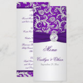 Monogram Paarse en zilveren damast Menu Kaart (Voorkant / Achterkant)