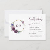 Monogram Paarse Floral Wreath Gold Hoop Wedding RSVP Kaartje (Voorkant)