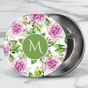 Monogram Paarse Groene Waterverf Floral Ronde Button 3,2 Cm