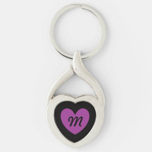 Monogram paarse hart op zwart sleutelhanger