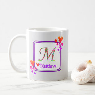 Monogram Paarse Kleurrijke Harten Initiaal Achtern Koffiemok