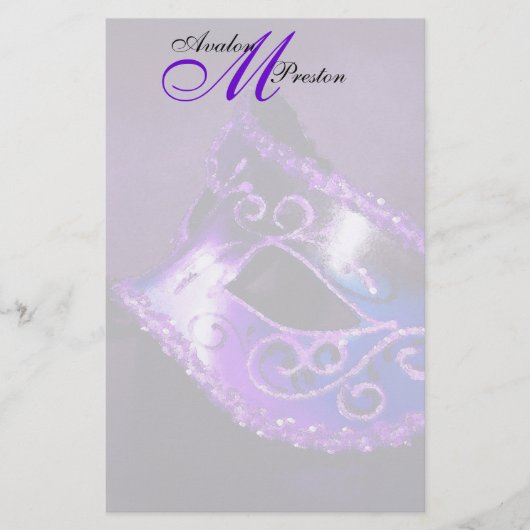Monogram Paarse Masquerade bruiloft briefpapier (Voorkant)