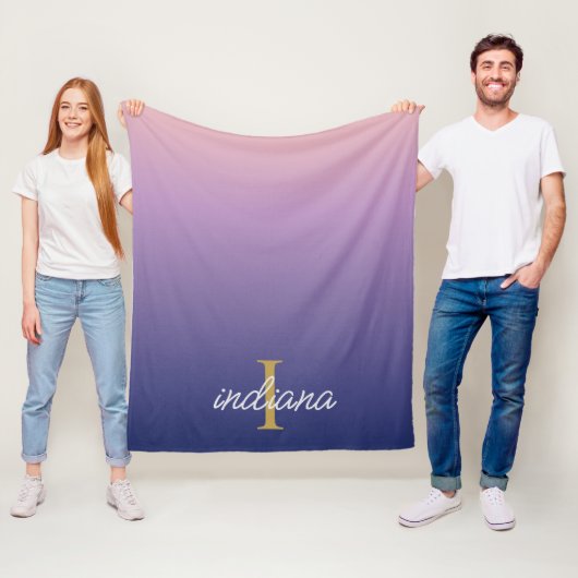 Monogram Paarse Ombre stijlvolle scriptnaam Fleece Deken (In situ)