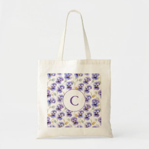 Monogram Paarse Pansy bloempatroon Waterverf Tote Bag