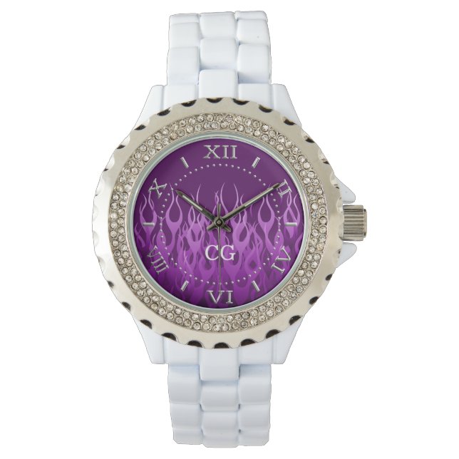 Monogram Paarse Racing Flames Horloge (Voorkant)