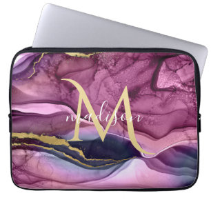 Monogram Paarse roze en goudgetijden Laptop Sleeve