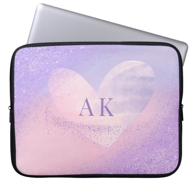 Monogram Paarse Roze Gradiënt Hart Laptop Mouw Sleeve (Voorkant)