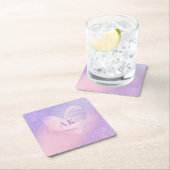 Monogram Paarse Roze Gradiënt Hart Vierkante Kartonnen Onderzetter (Insitu)