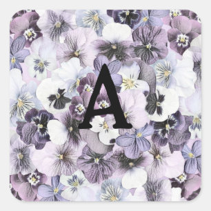 Monogram Paarse roze witte pansies tekening Vierkante Sticker