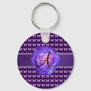 Monogram paarse rozen vlinders sleutelhanger