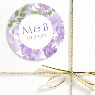 Monogram Paarse Waterverf Wisteria Bloemenbruiloft Ronde Sticker