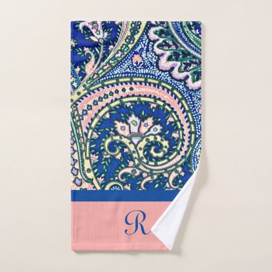 Monogram Paisley Blue Sage Green Blush Pink Handdoek (Handdoek)