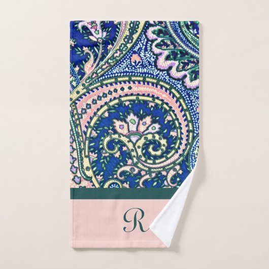 Monogram Paisley Blue Sage Green Light Blush Pink Bad Handdoek (Handdoek)