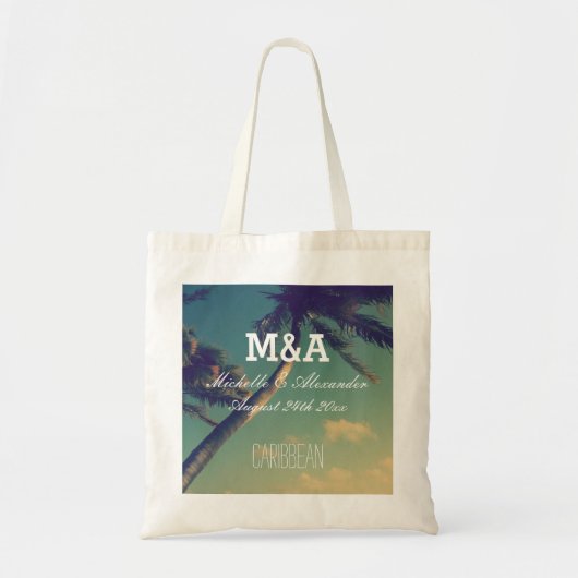 Monogram palmbestemming strand bruiloft canvas tas (Voorkant)