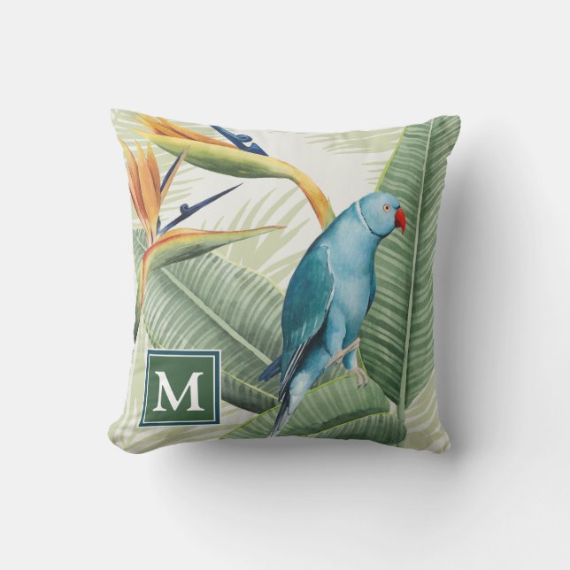 Monogram | Palmbladeren met blauwe vogel Kussen (Voorkant)