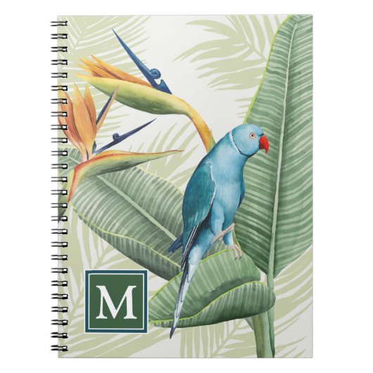 Monogram | Palmbladeren met blauwe vogel Notitieboek (Voorkant)