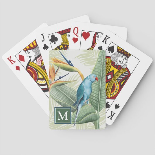Monogram | Palmbladeren met blauwe vogel Pokerkaarten (Achterkant)