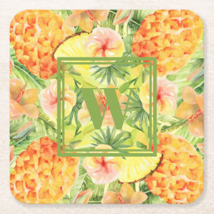 Monogram Panananappelbloemen Vierkante Kartonnen Onderzetter