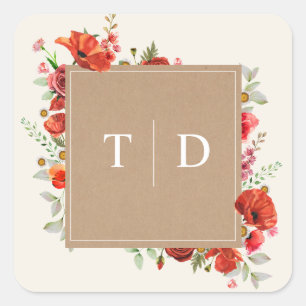 Monogram papaver Wildflower Kardstock Weddenschap  Vierkante Sticker