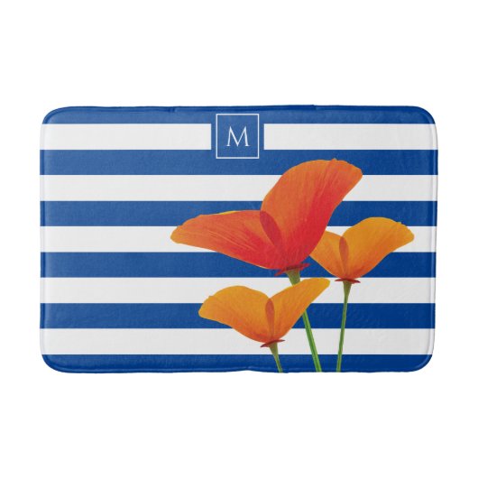 Monogram papaverblauwe stripes badmat (Voorkant)