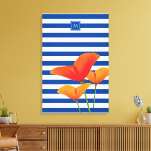 Monogram papaverblauwe stripes canvas afdruk