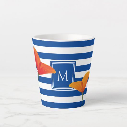 Monogram papaverblauwe stripes latte mok (Voorkant)