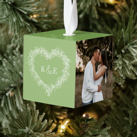 Monogram paren groene mistletoe hartfoto kubus ornament (Boom)