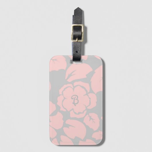 Monogram Pastel Pink en Gray Floral Bagagelabel (Voorkant (verticaal))