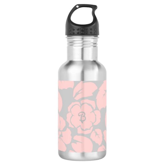 Monogram Pastel Pink en Gray Floral Waterfles (Voorkant)