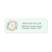 Monogram pastel roze bloem retouradres etiket (Voorkant)