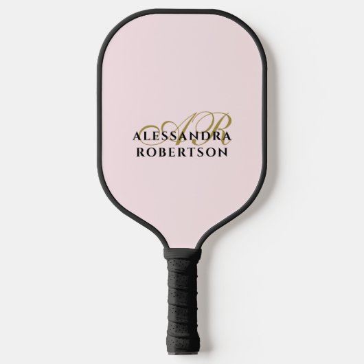 Monogram Pastel Roze Elegant Goud Zwart Minimalist Pickleball Paddle (Voorkant)