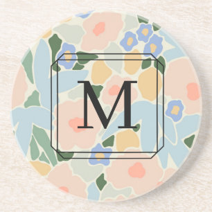 Monogram Pastel Roze Lichtblauw Bloem Motief Onder Zandsteen Onderzetter
