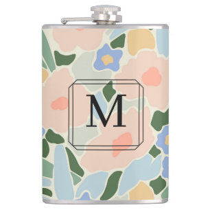 Monogram Pastel Roze Lichtblauw Bloemmotief Heupfles