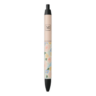 Monogram Pastel Roze Lichtblauw Bloemmotief Zwarte Inkt Pen