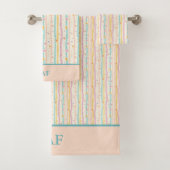 Monogram Pastelstrepen en Bloemen Roze Blauwgroen Bad Handdoek (Insitu)