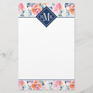 Monogram Patroon met geschilde Rozen Briefpapier