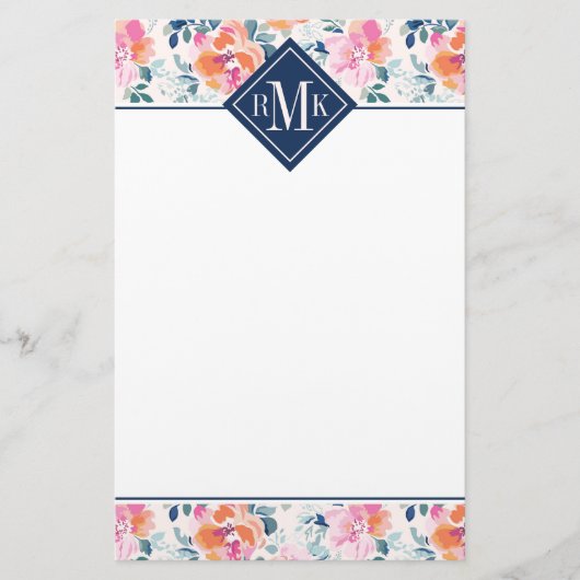 Monogram | Patroon met geschilde Rozen Briefpapier (Voorkant)