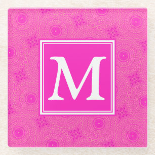Monogram patroon van hete roze cirkels glazen onderzetter