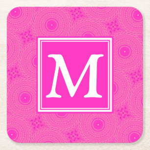 Monogram patroon van hete roze cirkels vierkante kartonnen onderzetter