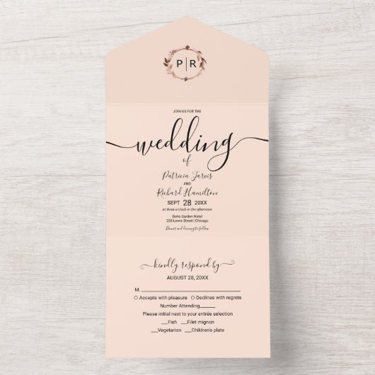 Monogram Peach Roos Weddenschap in één uitnodiging (Binnen)