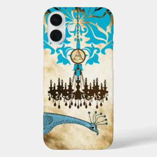 Monogram  Peacock Chandelier Damask iPhone 16 Plus Hoesje