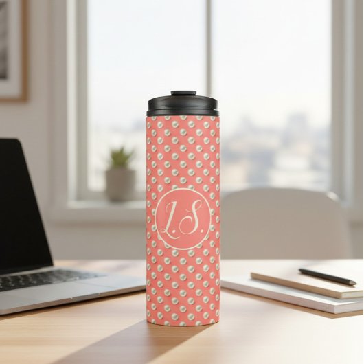 Monogram Pearl Accent Coral  Thermosbeker