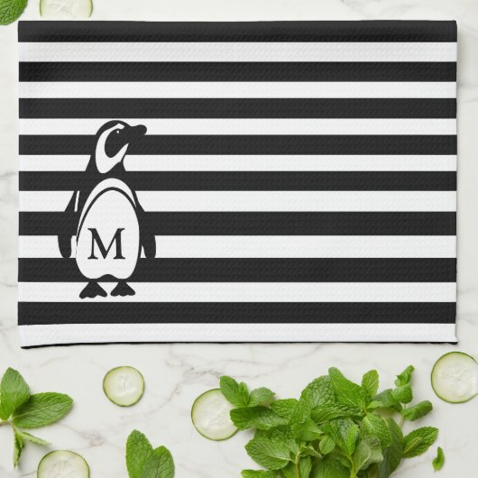 Monogram Penguin Black en White Stripes Theedoek (Gevouwen)